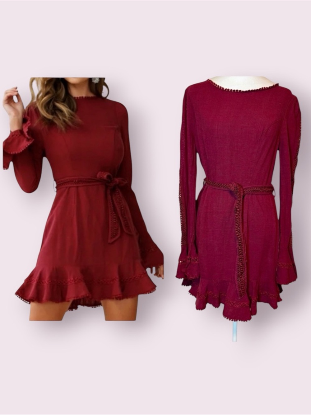 Saints + Secrets Aspley Flare Cuff Waist Tie Dress Burgundy Linen Size Large